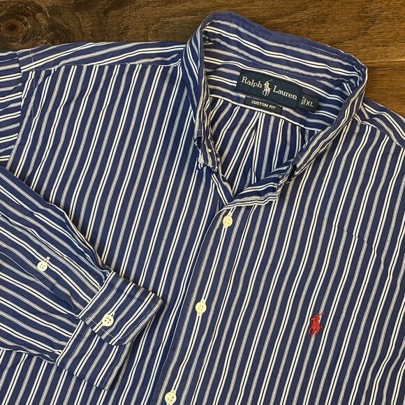 Polo Ralph Lauren Button Down Striped Oxford Shirt Blue Custom Fit Men’s XL - Picture 1 of 6